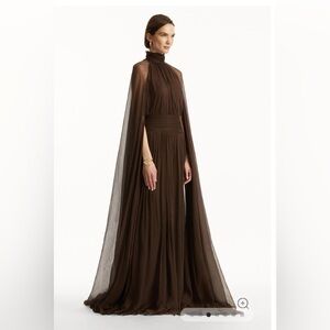 Chiffon High Neck Cape Sleeve Dress - Elegant Brown Evening Gown